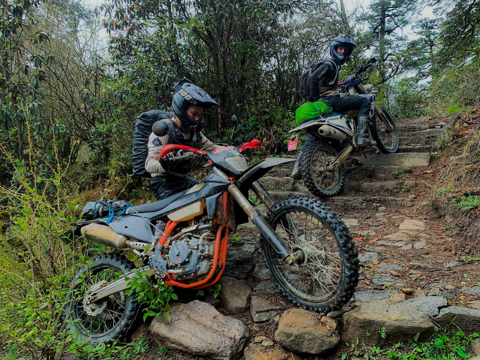 Bikes climbing a rocky trail staircase